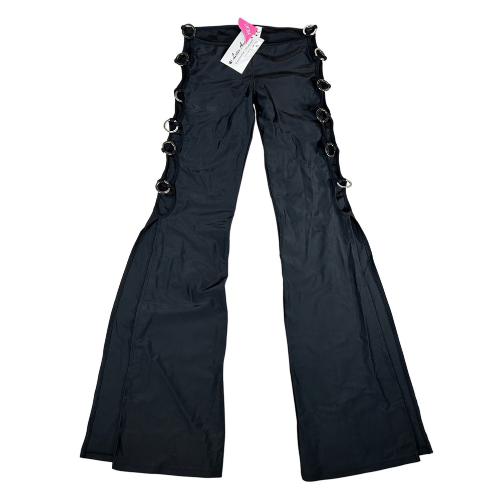 Latin Angel Black Lycra Flare Pants Side O-Ring Cutout Slits XL Y2K NWT